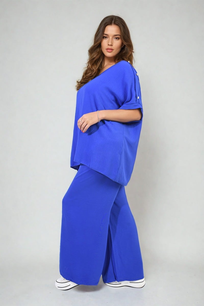 RILEY Button Detail V Neck Loose Top and Wide Leg Trouser Co-ord Set