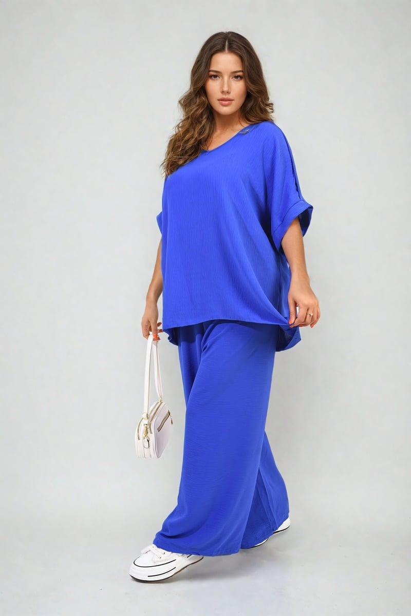 RILEY Button Detail V Neck Loose Top and Wide Leg Trouser Co-ord Set