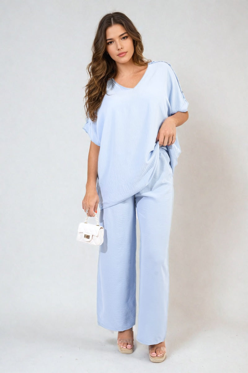 RILEY Button Detail V Neck Loose Top and Wide Leg Trouser Co-ord Set