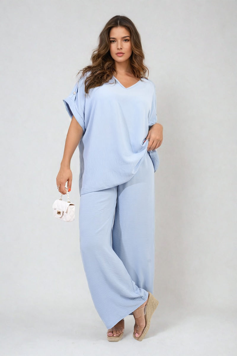 RILEY Button Detail V Neck Loose Top and Wide Leg Trouser Co-ord Set