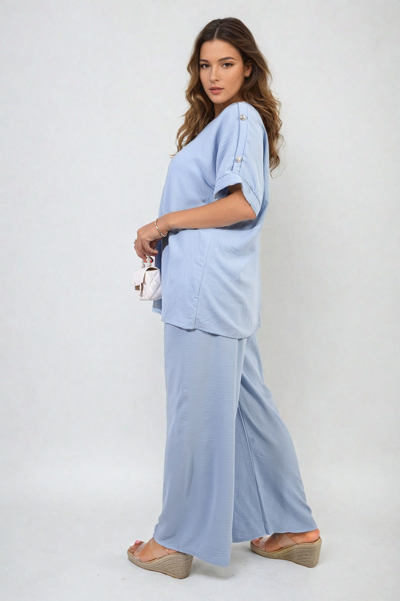 RILEY Button Detail V Neck Loose Top and Wide Leg Trouser Co-ord Set