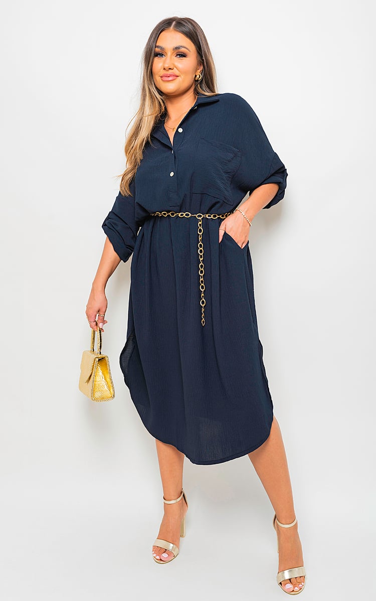 ROSIE Button Down Pull Up Sleeve Midi Dress with Front Pocket