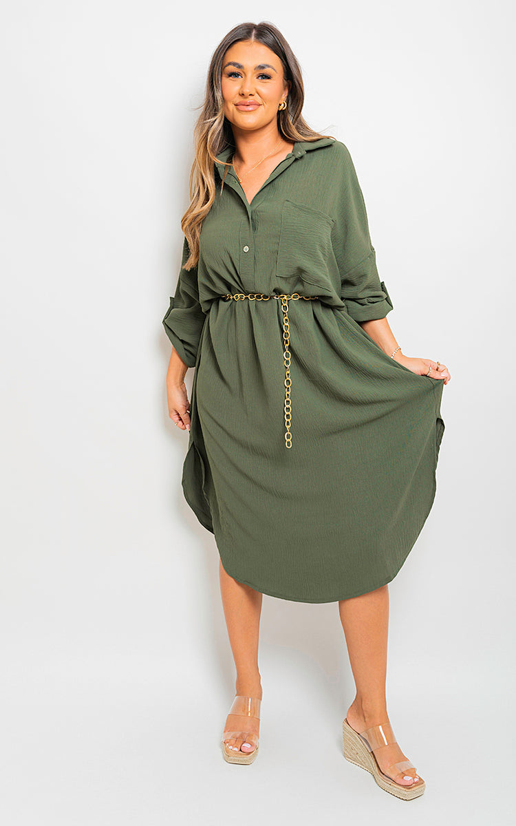 ROSIE Button Down Pull Up Sleeve Midi Dress with Front Pocket