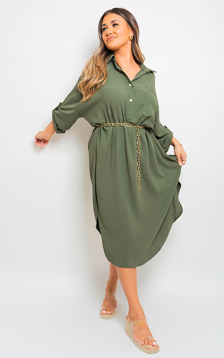 ROSIE Button Down Pull Up Sleeve Midi Dress with Front Pocket