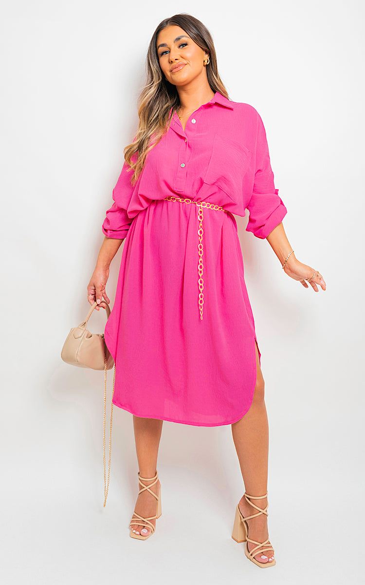 ROSIE Button Down Pull Up Sleeve Midi Dress with Front Pocket