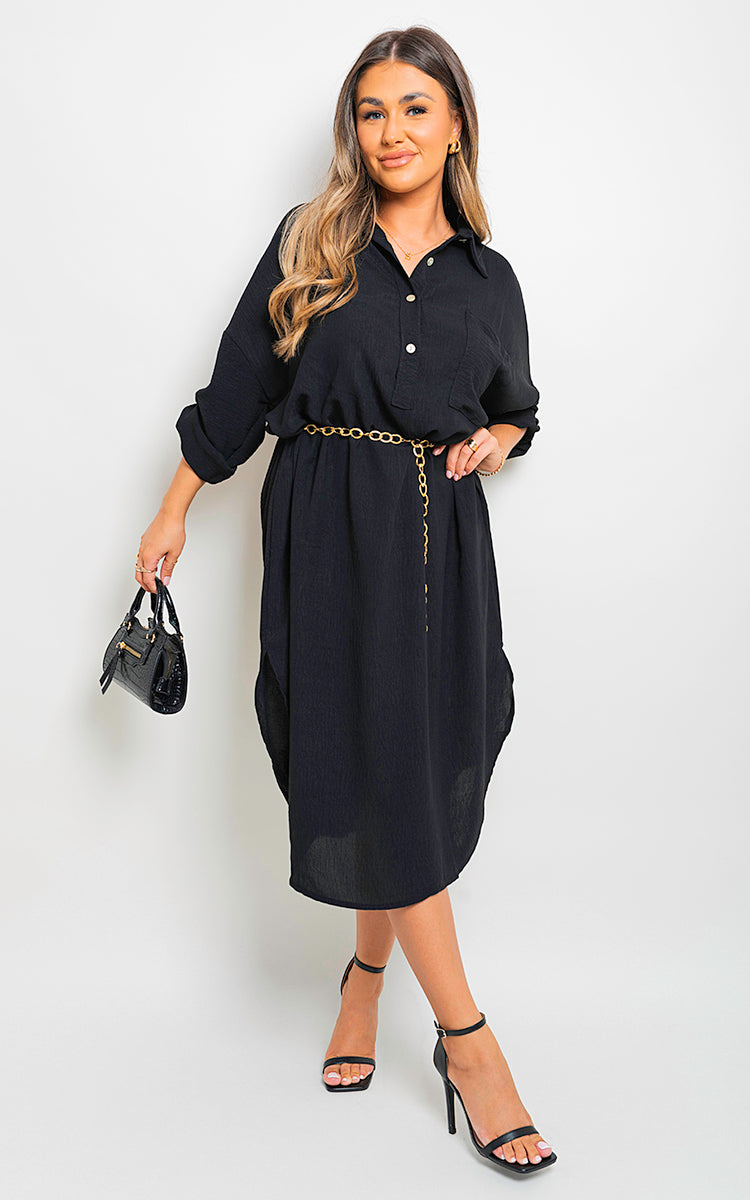 ROSIE Button Down Pull Up Sleeve Midi Dress with Front Pocket