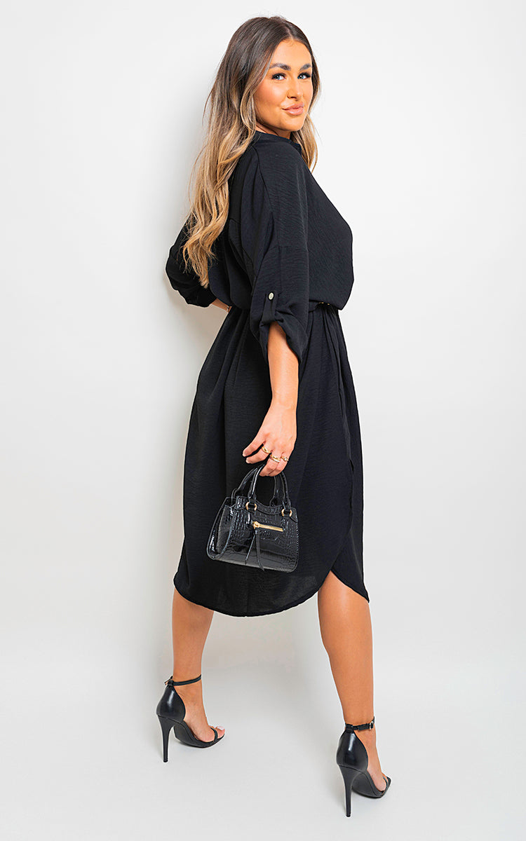 ROSIE Button Down Pull Up Sleeve Midi Dress with Front Pocket