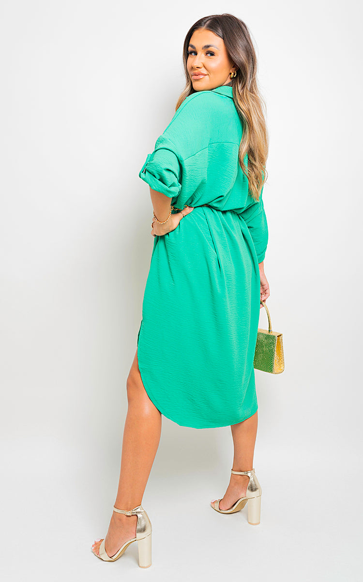 ROSIE Button Down Pull Up Sleeve Midi Dress with Front Pocket