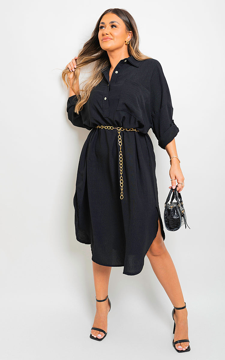 ROSIE Button Down Pull Up Sleeve Midi Dress with Front Pocket