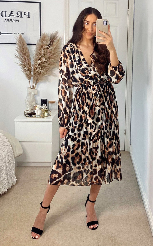 LEAH Pleated Leopard Print Maxi Dress