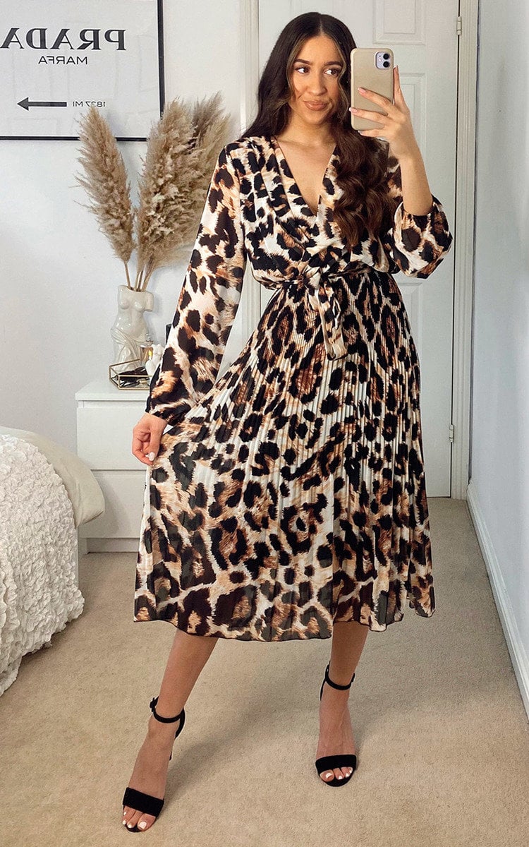 LEAH Pleated Leopard Print Maxi Dress