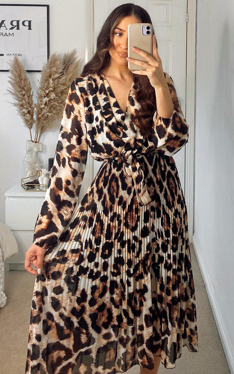 LEAH Pleated Leopard Print Maxi Dress