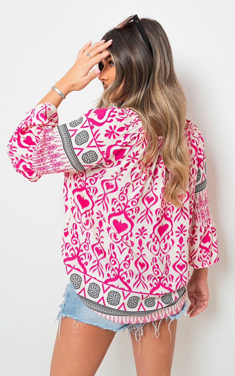 SARA Boho Printed Tassel Tie Neck Long Sleeve Loose Tops