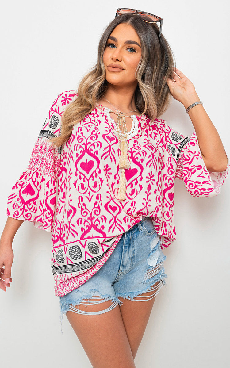 SARA Boho Printed Tassel Tie Neck Long Sleeve Loose Tops