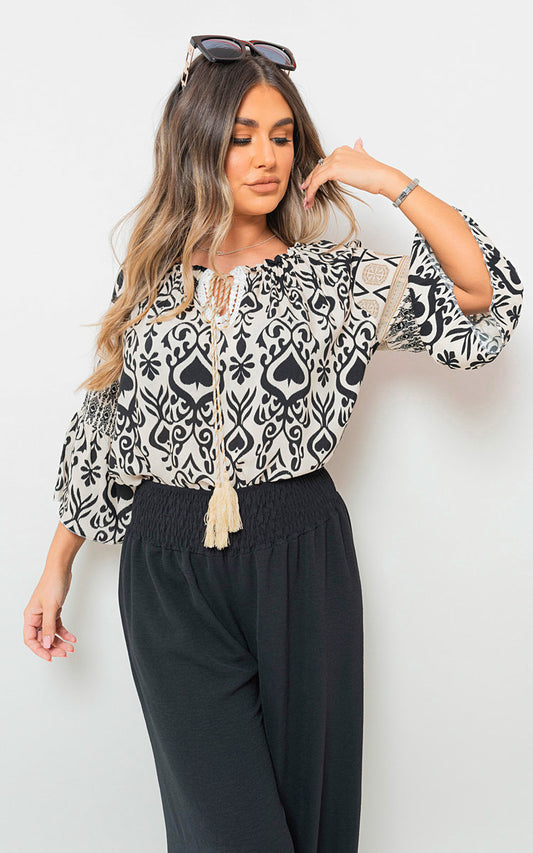 SARA Boho Printed Tassel Tie Neck Long Sleeve Loose Tops