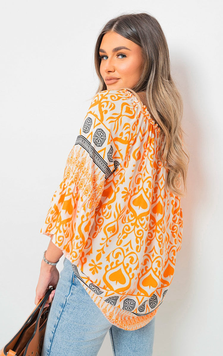 SARA Boho Printed Tassel Tie Neck Long Sleeve Loose Tops