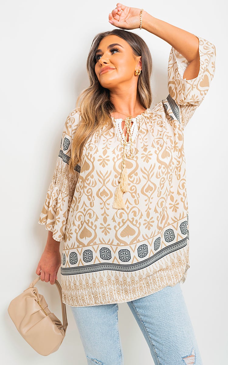 SARA Boho Printed Tassel Tie Neck Long Sleeve Loose Tops