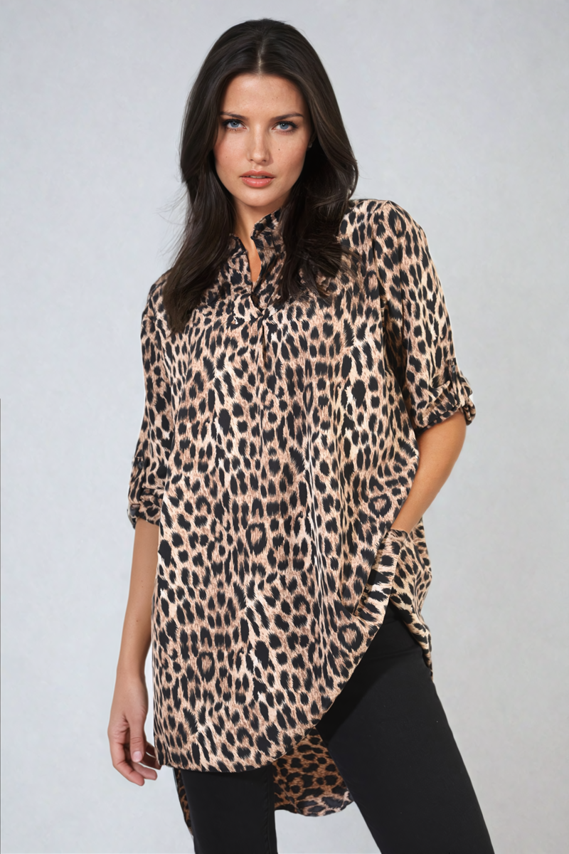 SCARLET Oversized Leopard Print Button Down Batwing Sleeve Top