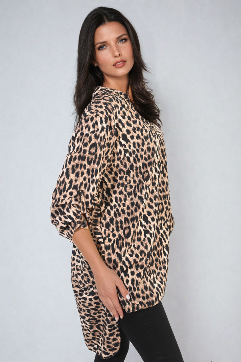 SCARLET Oversized Leopard Print Button Down Batwing Sleeve Top