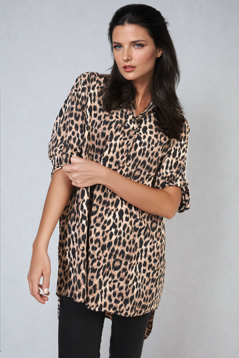 SCARLET Oversized Leopard Print Button Down Batwing Sleeve Top