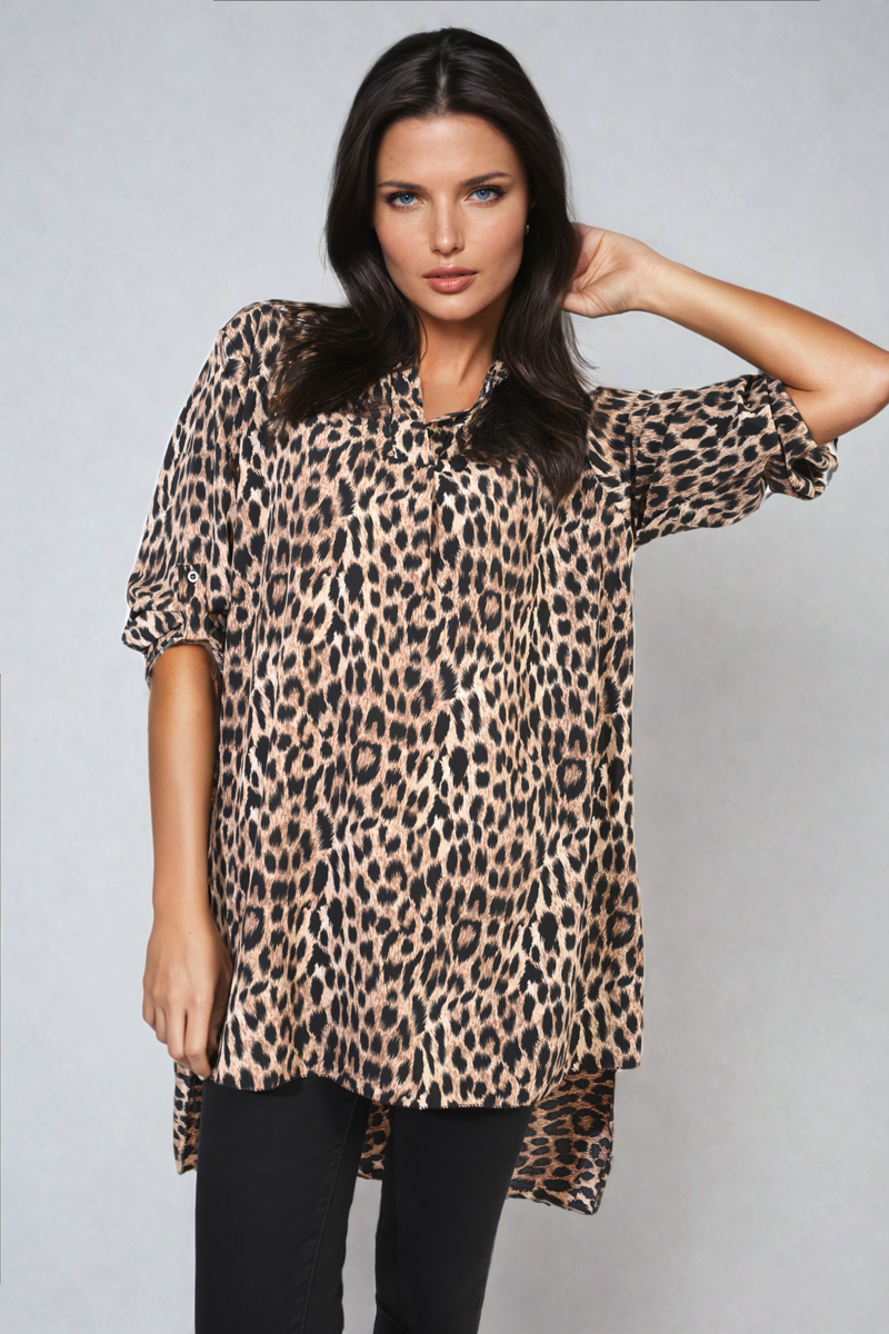 SCARLET Oversized Leopard Print Button Down Batwing Sleeve Top