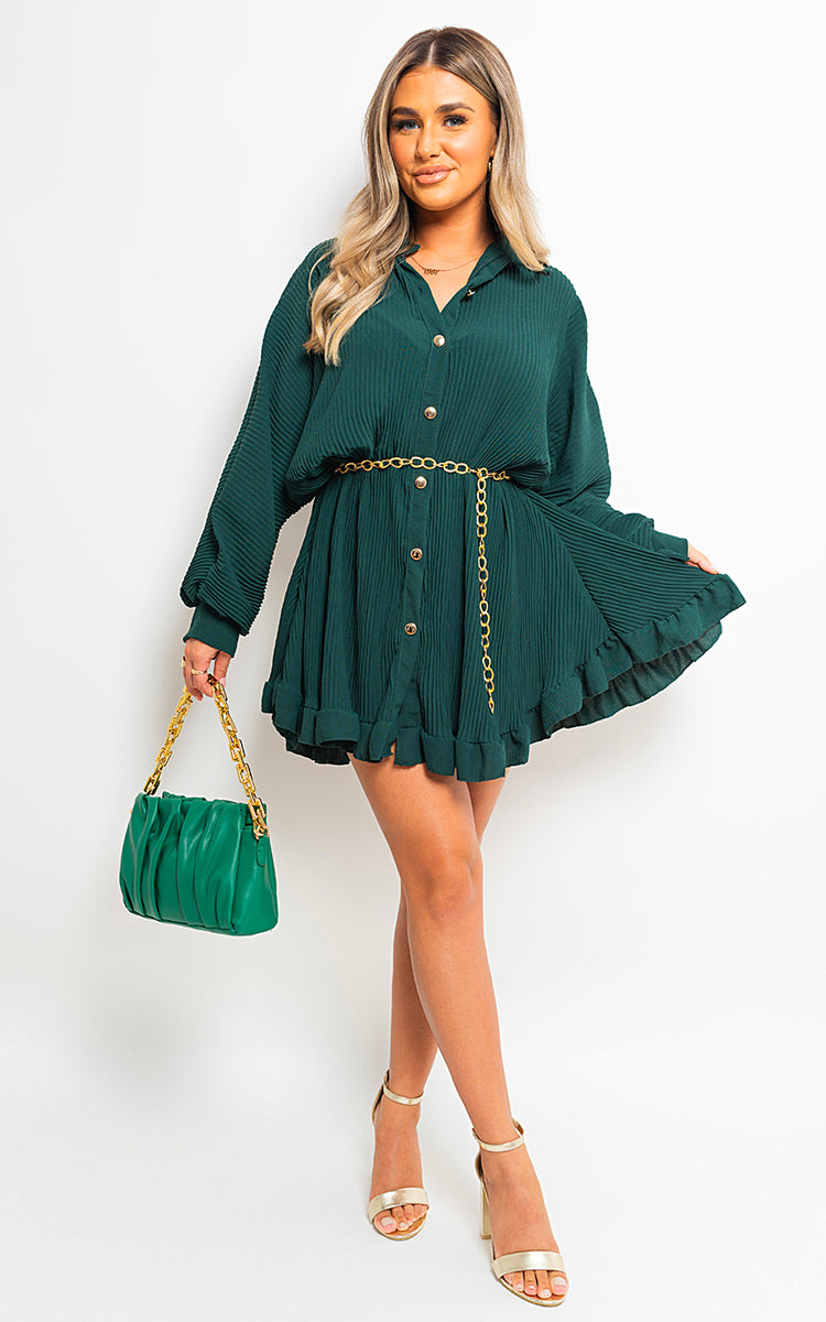 SOFIA Long Sleeve Pleated Button Up Mini Dress