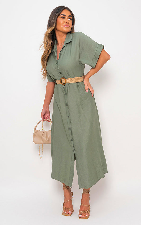 SYEDA Button Down Collared Short Sleeve Midi Dress with Belt Detail