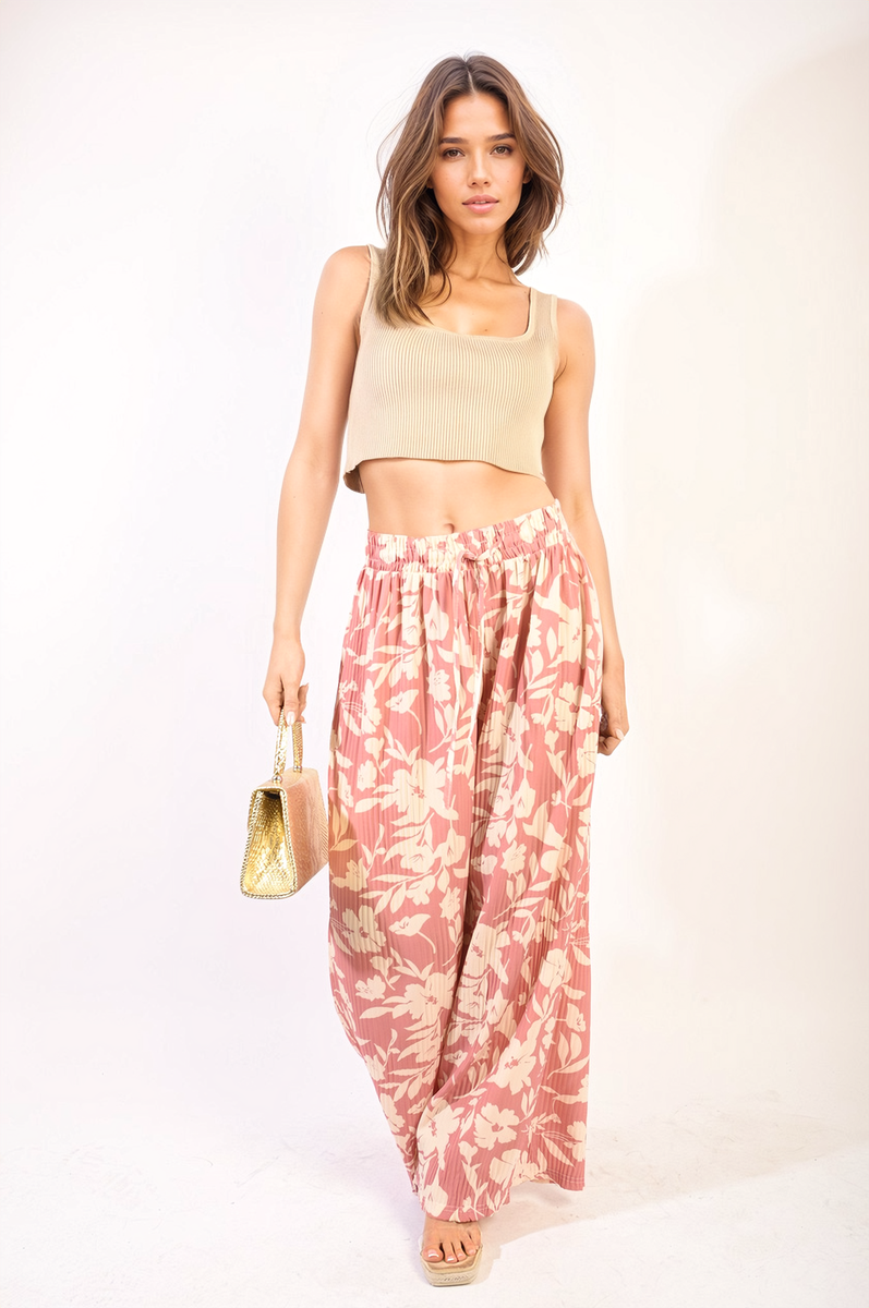 SYLVIA Pleated Wide Leg Floral Print Trousers