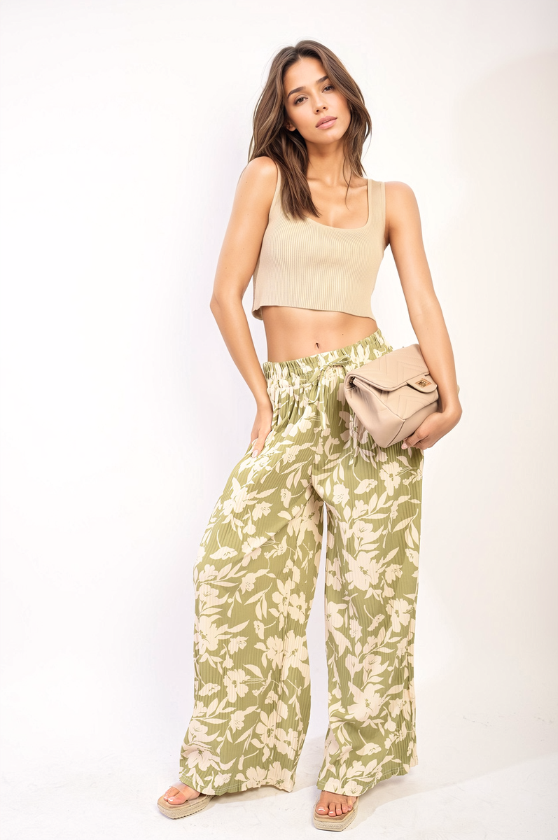 SYLVIA Pleated Wide Leg Floral Print Trousers