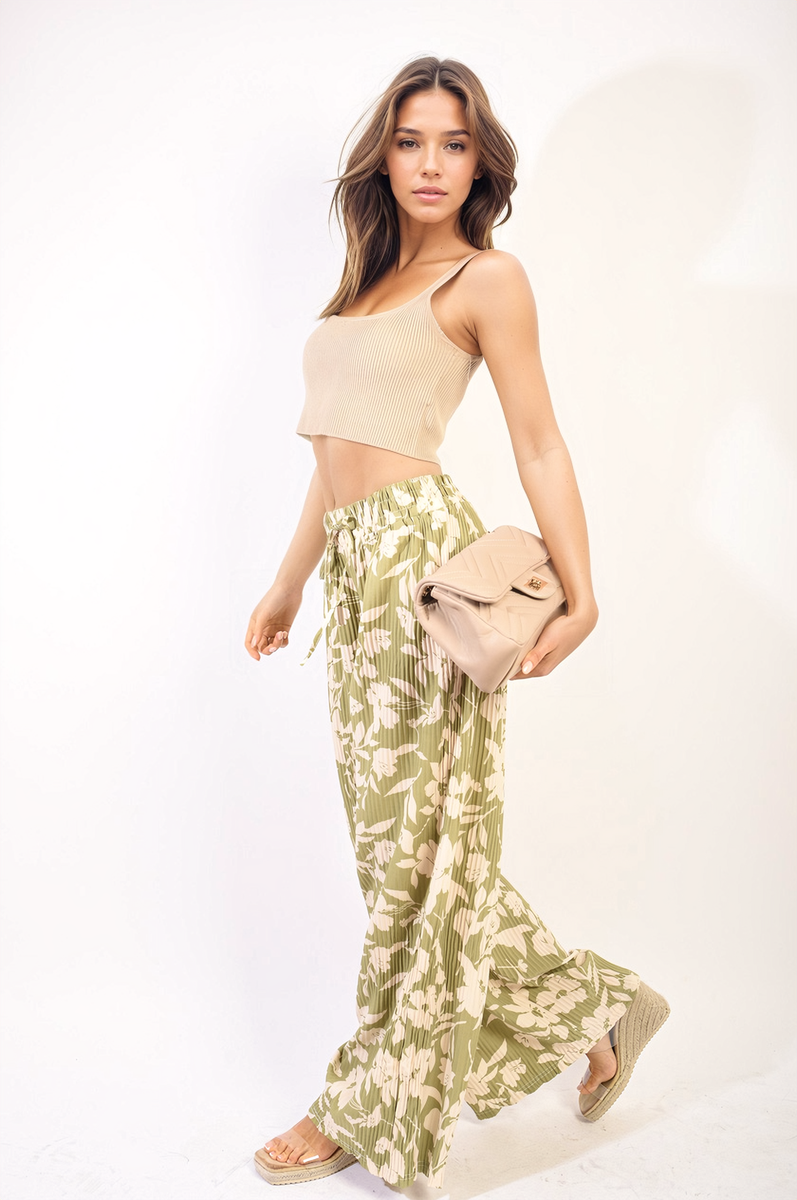 SYLVIA Pleated Wide Leg Floral Print Trousers