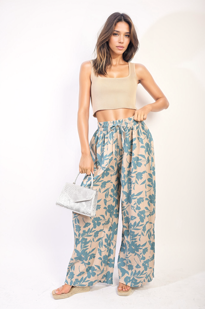 SYLVIA Pleated Wide Leg Floral Print Trousers