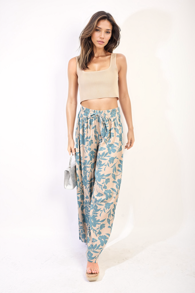 SYLVIA Pleated Wide Leg Floral Print Trousers