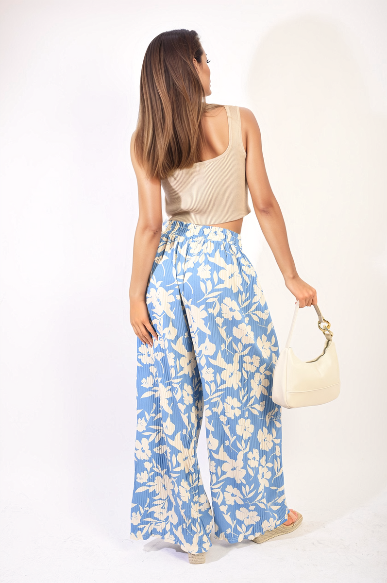 SYLVIA Pleated Wide Leg Floral Print Trousers