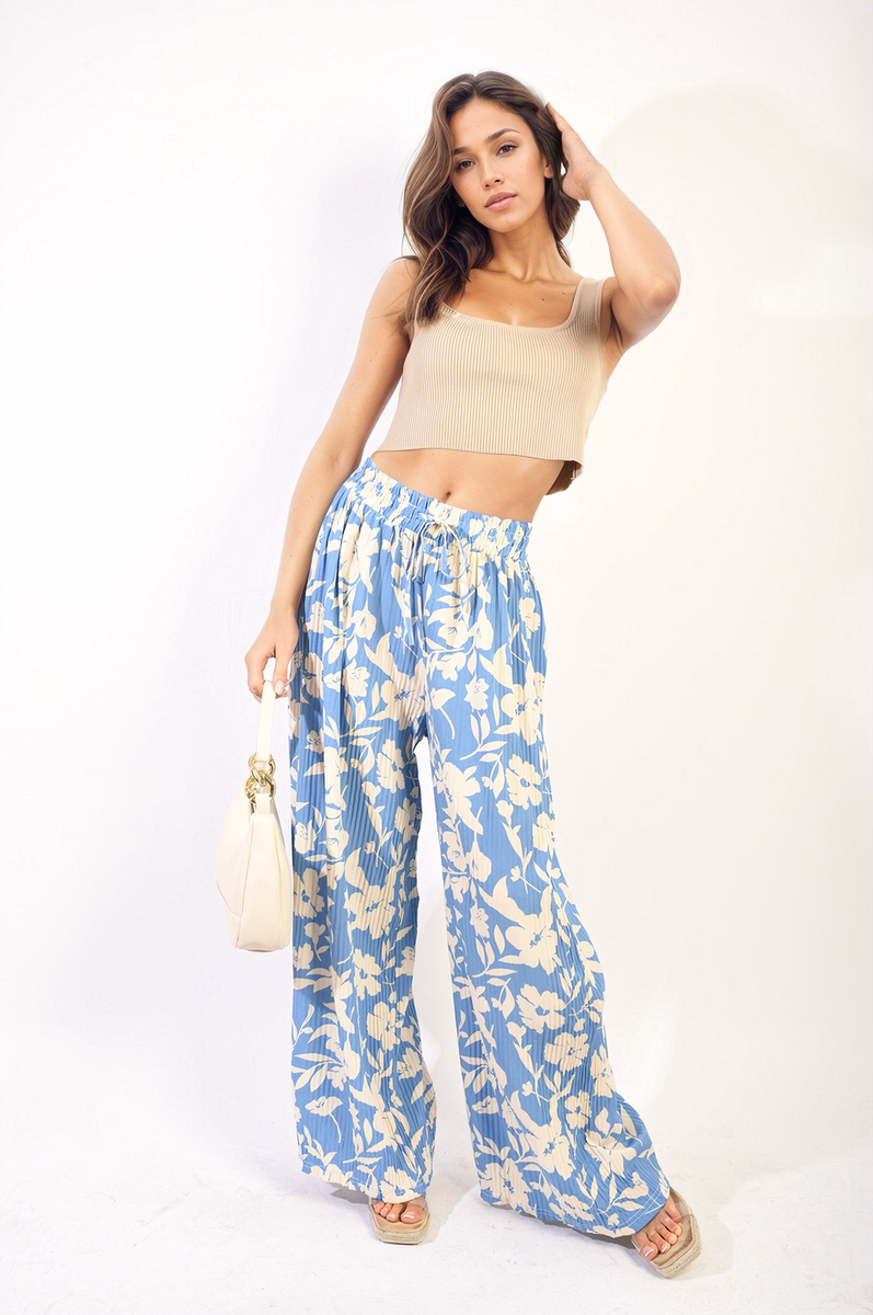 SYLVIA Pleated Wide Leg Floral Print Trousers