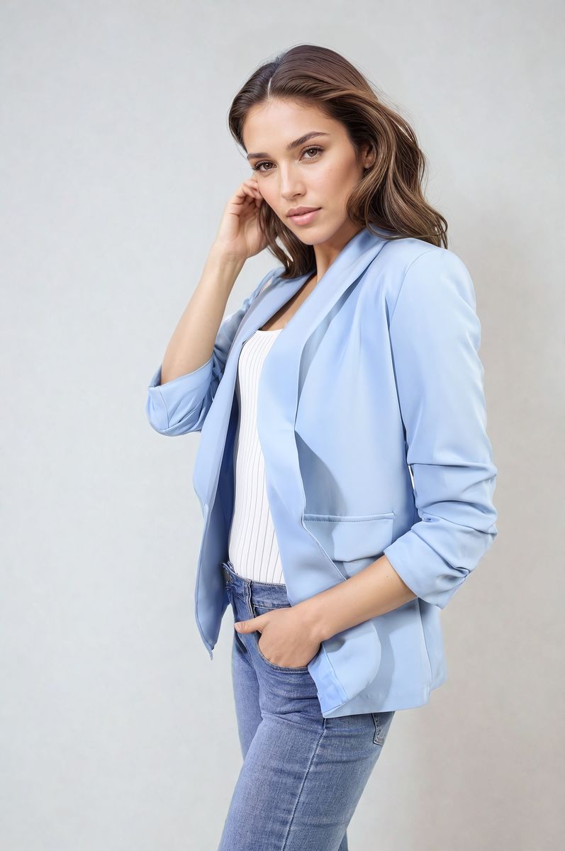 VALERIE Ruched Sleeve Open Front Blazer Jacket with Front Pockets