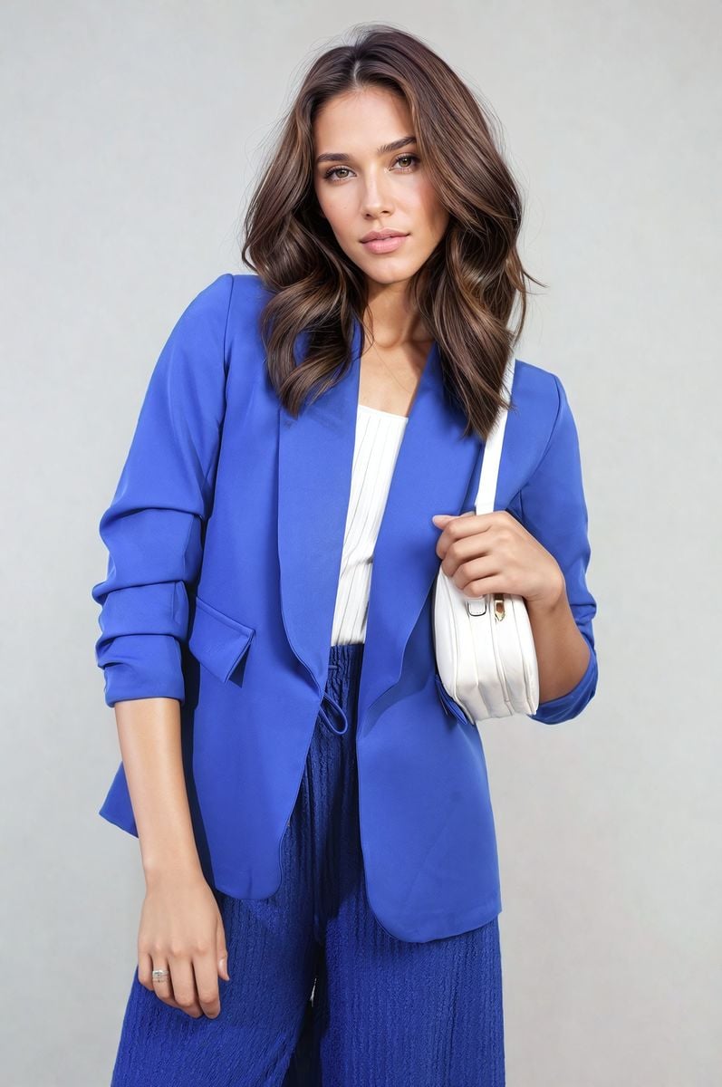 VALERIE Ruched Sleeve Open Front Blazer Jacket with Front Pockets