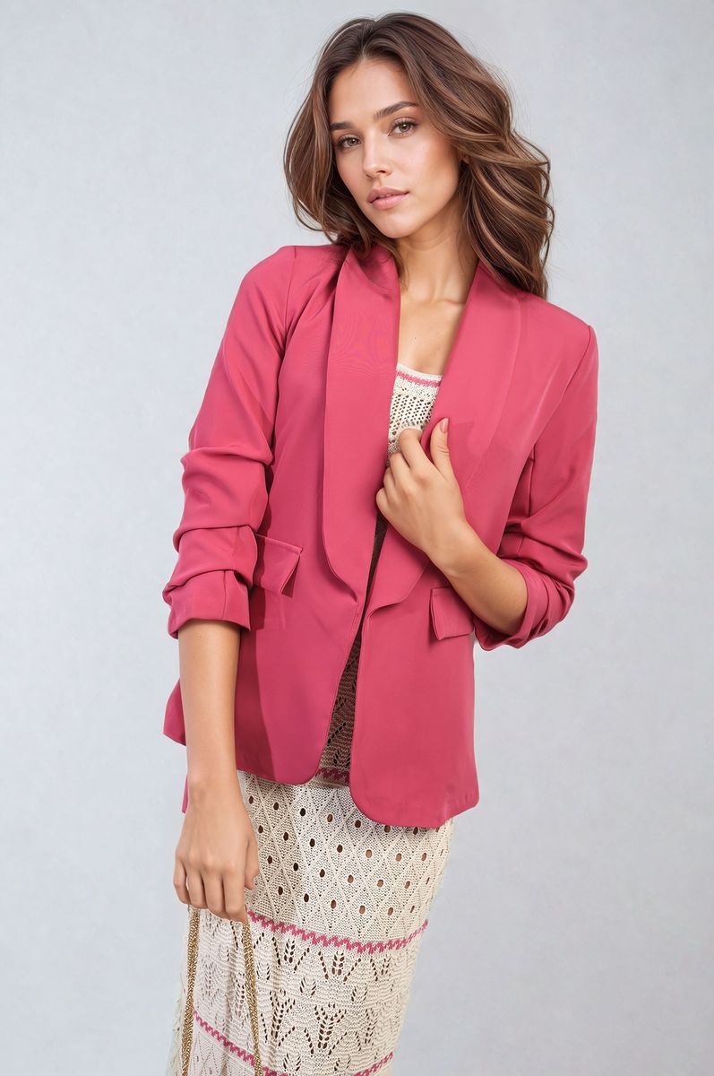 VALERIE Ruched Sleeve Open Front Blazer Jacket with Front Pockets