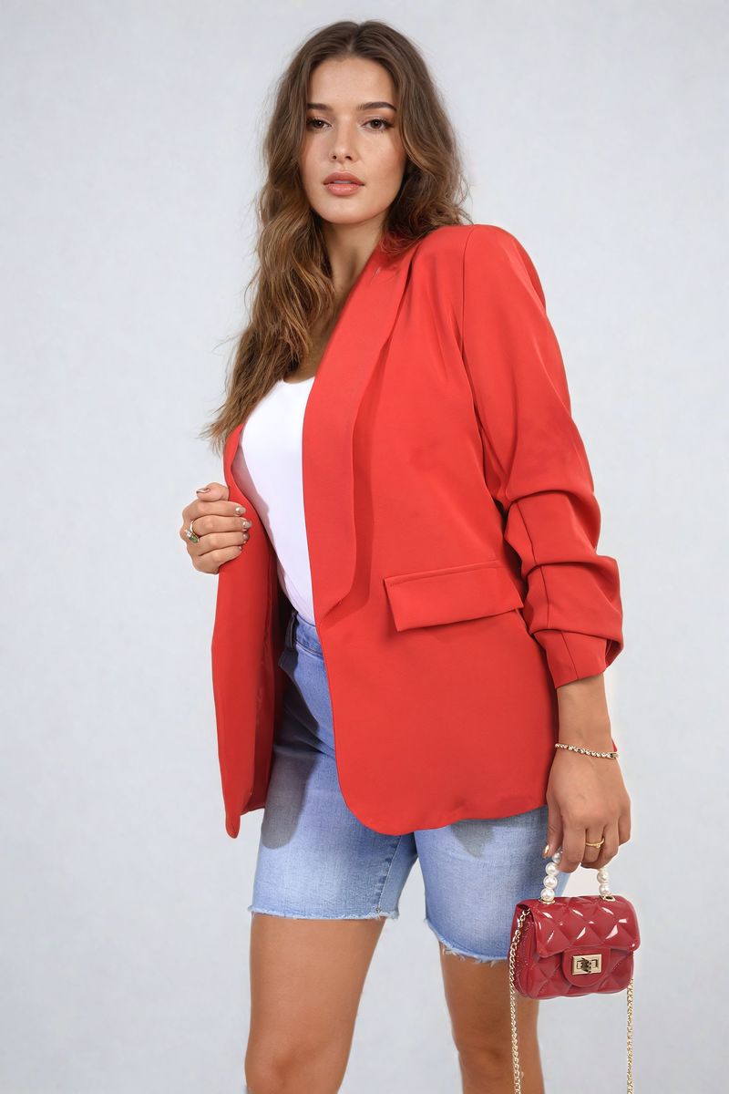 VALERIE Ruched Sleeve Open Front Blazer Jacket with Front Pockets