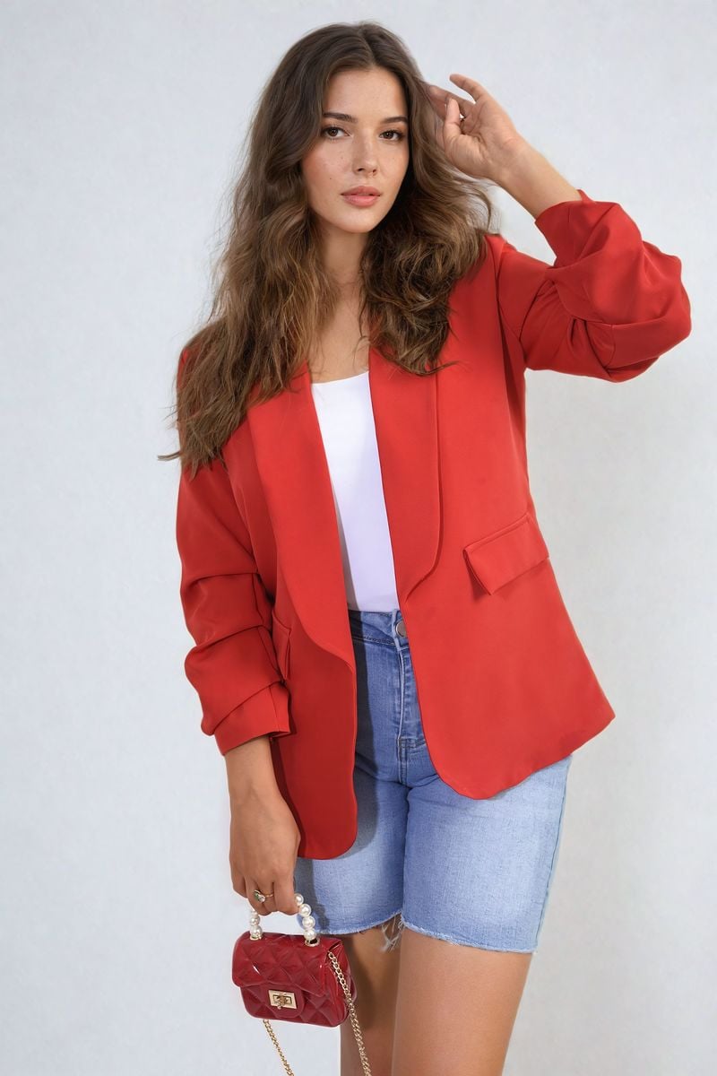 VALERIE Ruched Sleeve Open Front Blazer Jacket with Front Pockets