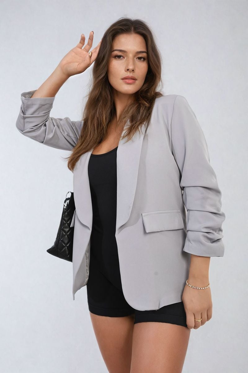 VALERIE Ruched Sleeve Open Front Blazer Jacket with Front Pockets