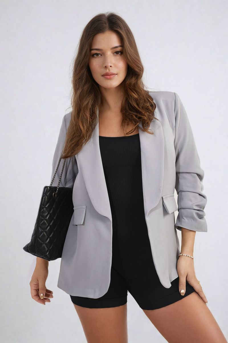 VALERIE Ruched Sleeve Open Front Blazer Jacket with Front Pockets