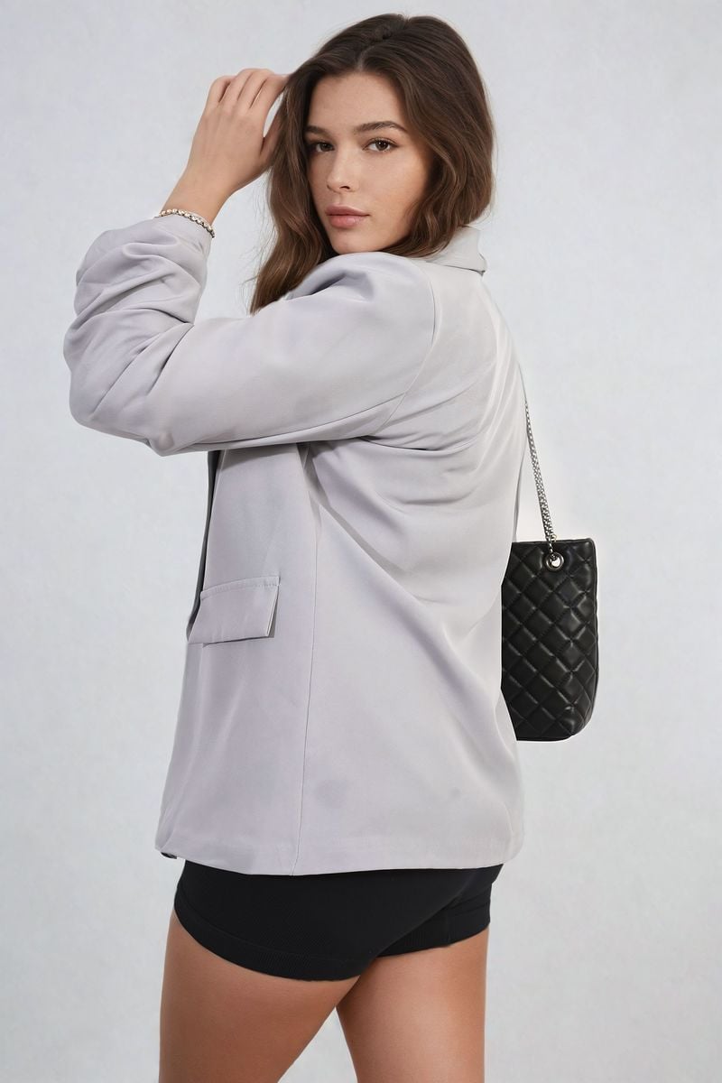 VALERIE Ruched Sleeve Open Front Blazer Jacket with Front Pockets