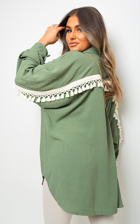 VANESSA Oversized Long Sleeve Tassel Trim Top