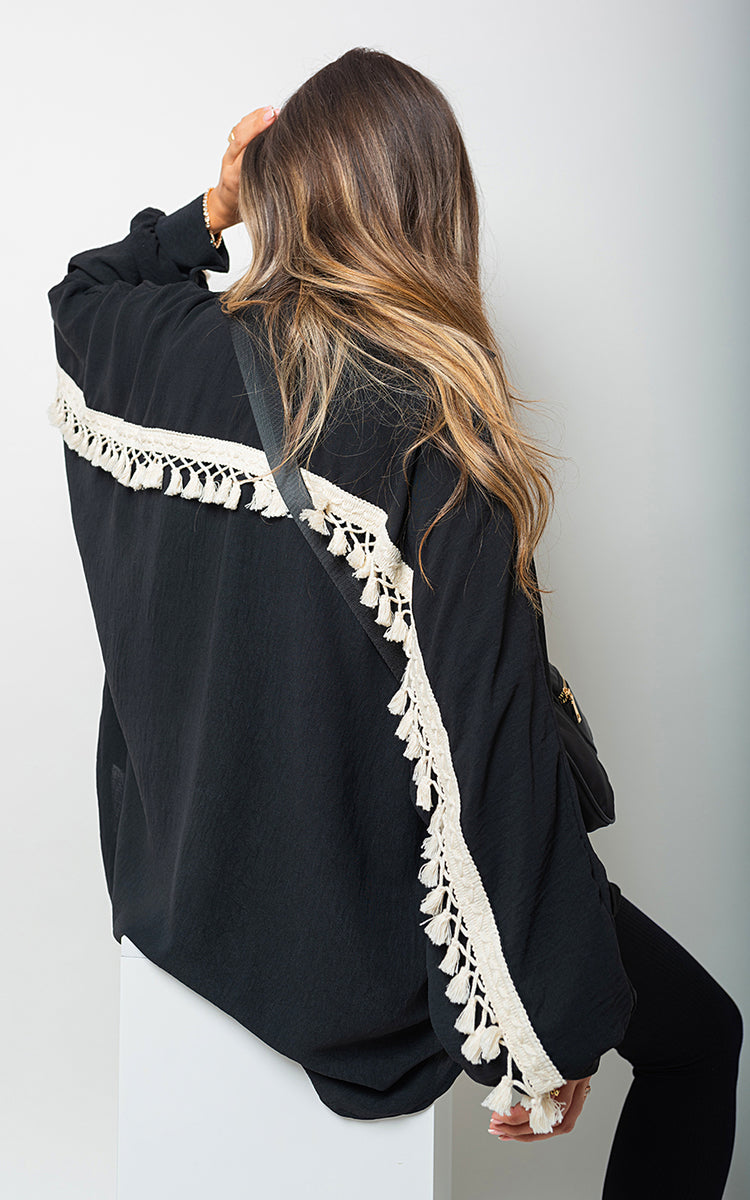 VANESSA Oversized Long Sleeve Tassel Trim Top