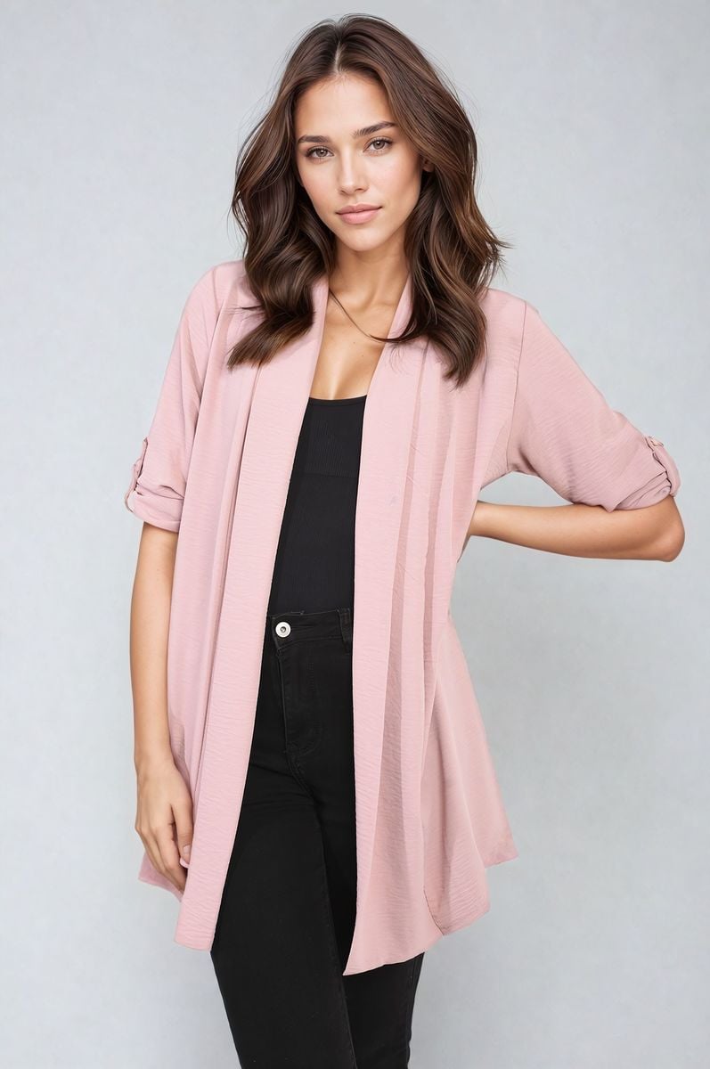 VIVIAN Open Front Roll Up Sleeve Cardigan