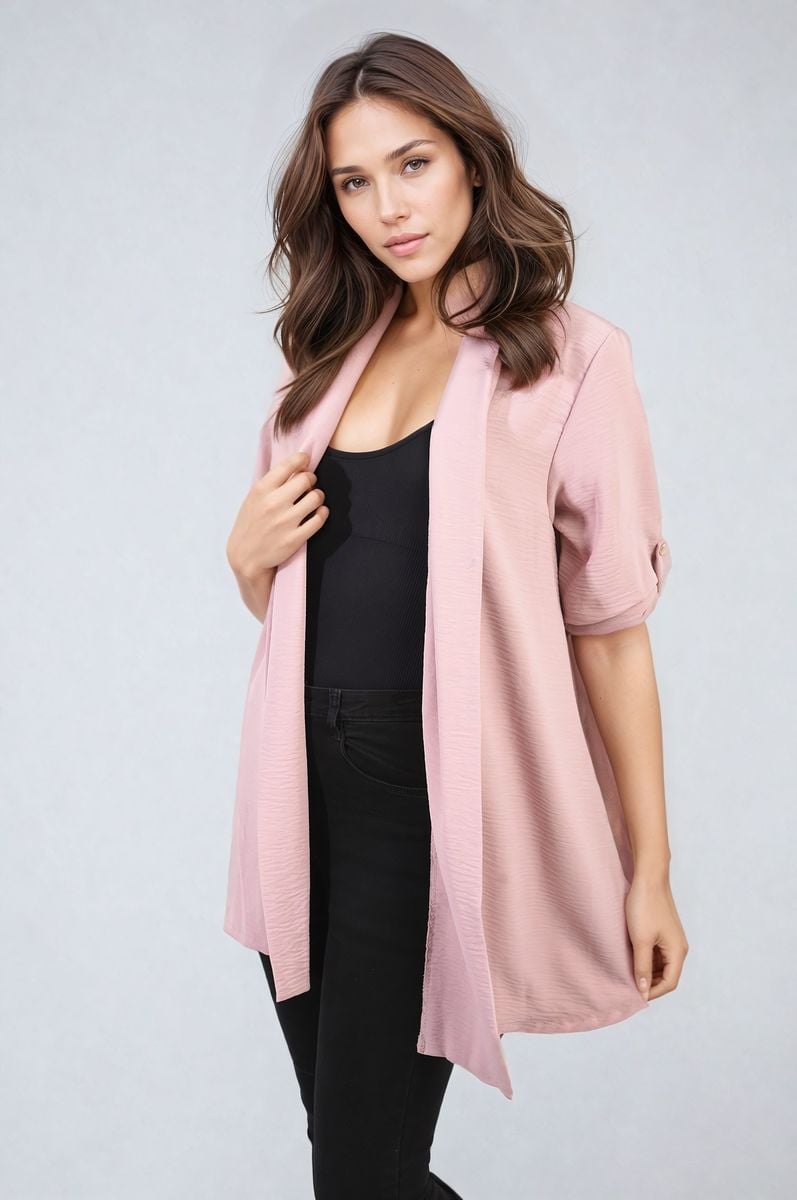 VIVIAN Open Front Roll Up Sleeve Cardigan