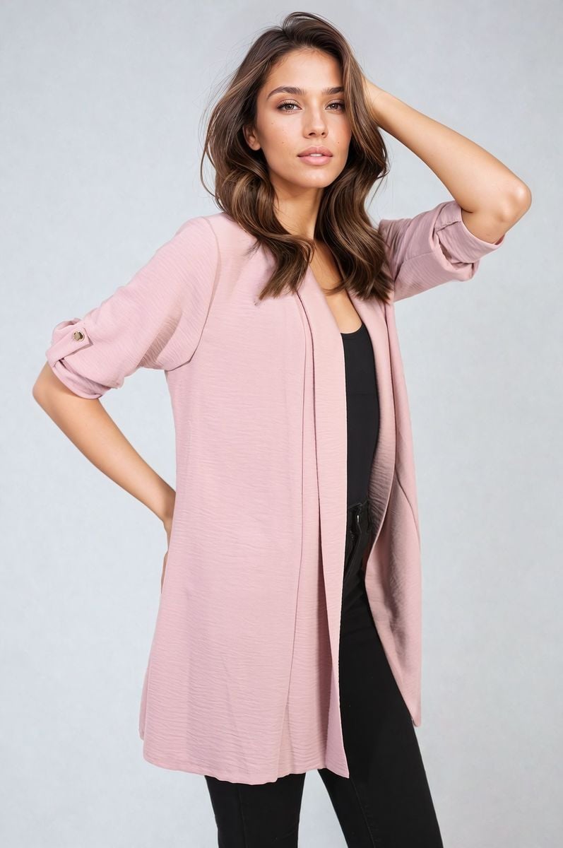 VIVIAN Open Front Roll Up Sleeve Cardigan