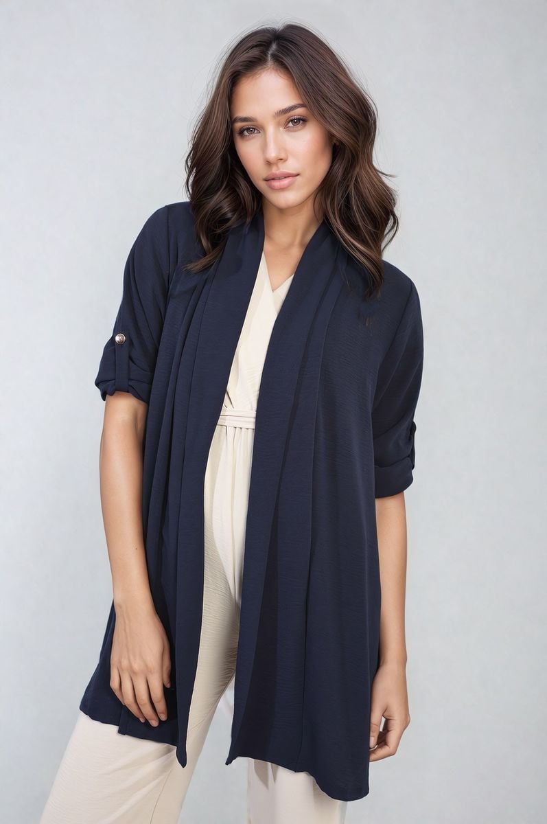 VIVIAN Open Front Roll Up Sleeve Cardigan