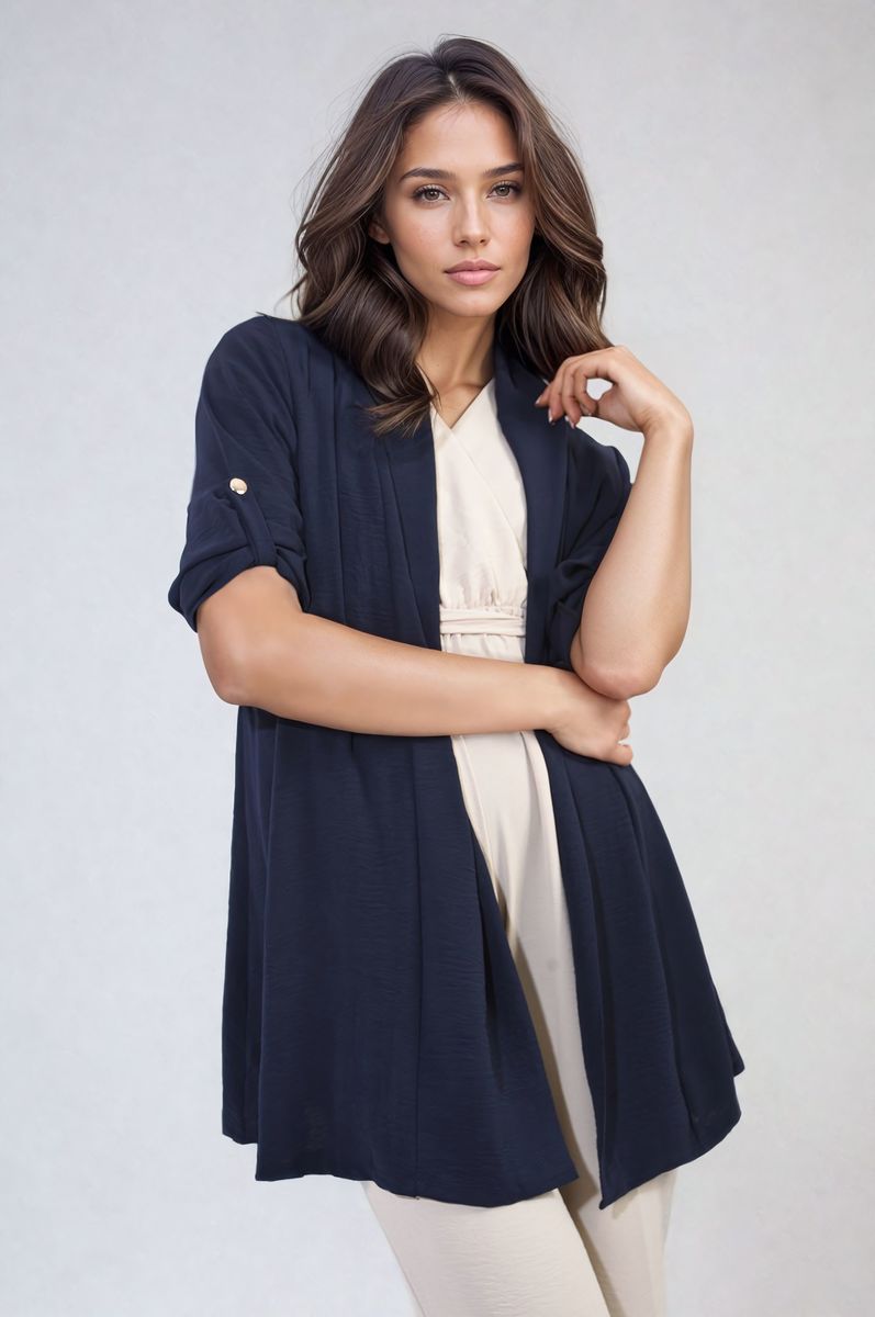 VIVIAN Open Front Roll Up Sleeve Cardigan