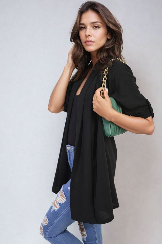 VIVIAN Open Front Roll Up Sleeve Cardigan